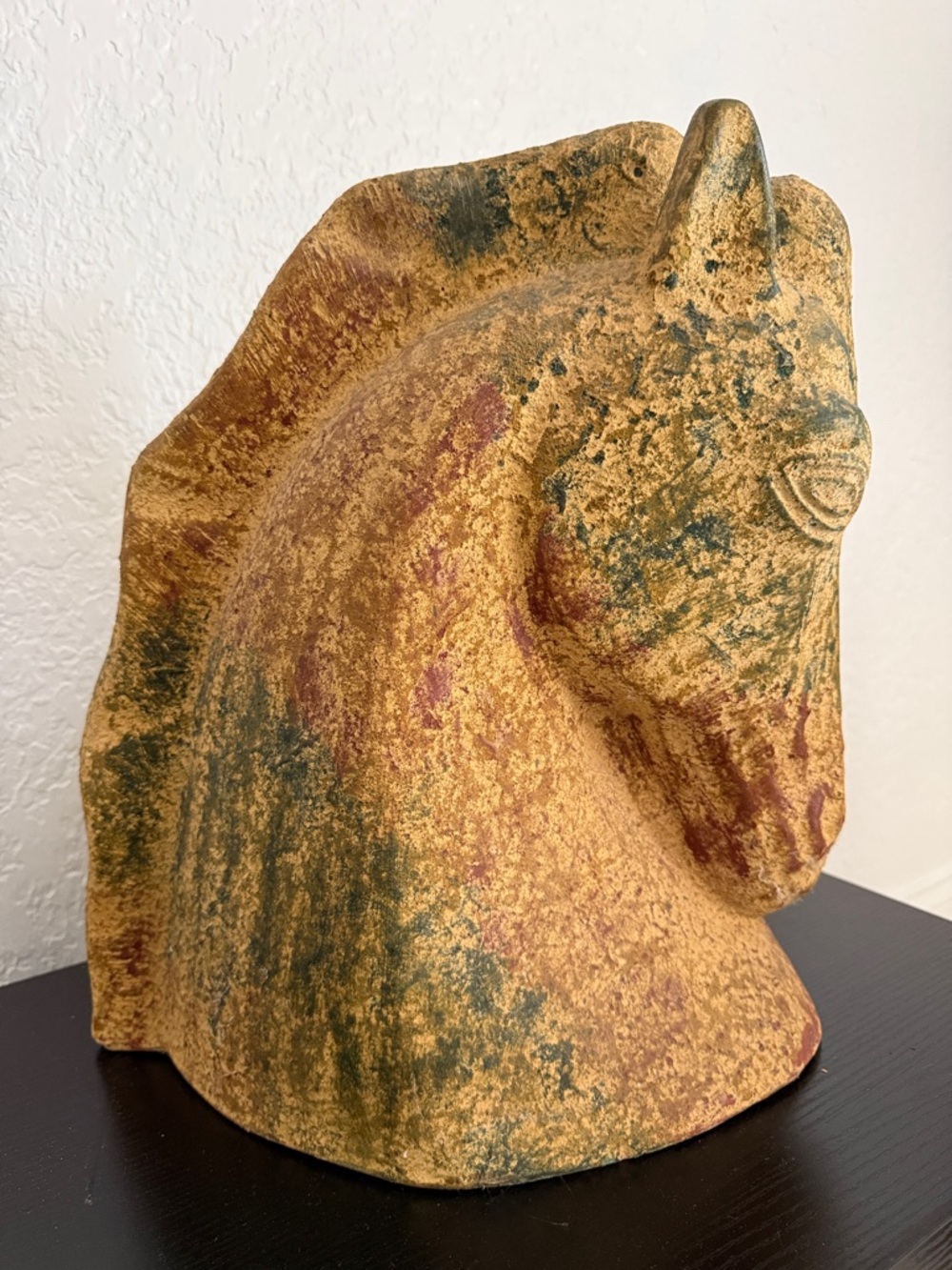 Vintage Large Terracota Horse Bust Sculpture in Earthy Gold and Green